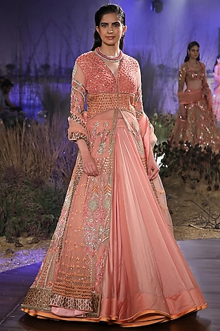 Peach Chanderi Silk Cutdana Hand Embroidered Jacket Lehenga Set by Mynah Designs By Reynu Tandon