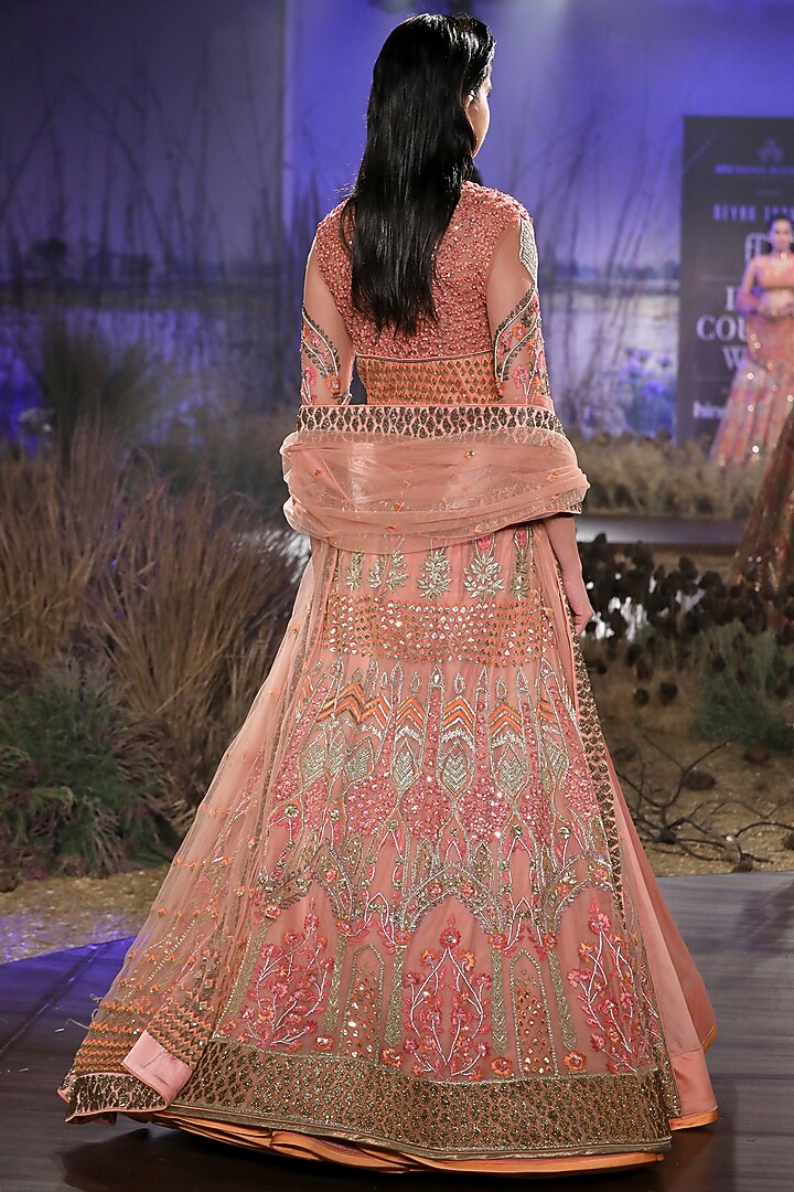 Peach Chanderi Silk Cutdana Hand Embroidered Jacket Bridal Lehenga Set by Mynah Designs By Reynu Tandon at Pernia's Pop Up Shop