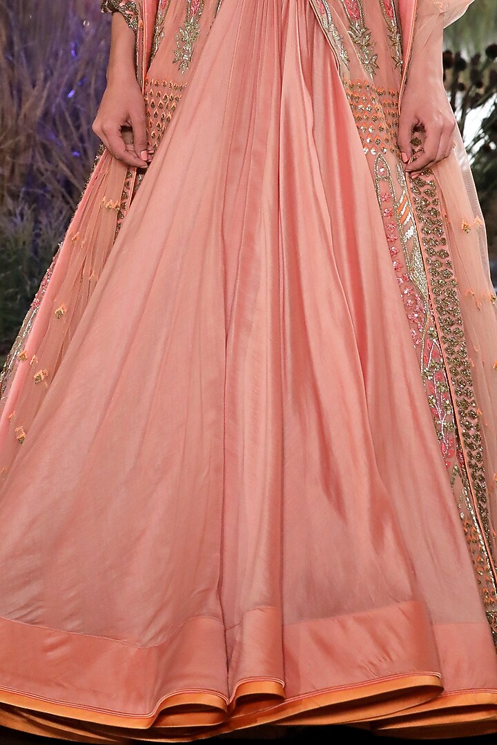 Peach Chanderi Silk Cutdana Hand Embroidered Jacket Bridal Lehenga Set by Mynah Designs By Reynu Tandon at Pernia's Pop Up Shop