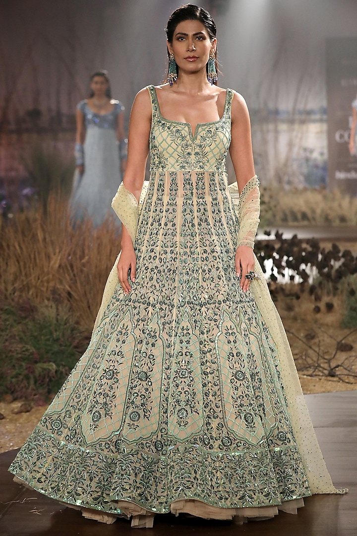 Mint Green Hand Embroidered Lehenga Set by Mynah Designs By Reynu Tandon