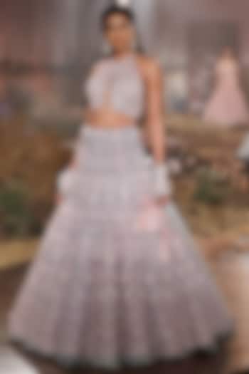 Mint Blue & Baby Pink Hand Embroidered Bridal Bridal Lehenga Set by Mynah Designs By Reynu Tandon at Pernia's Pop Up Shop