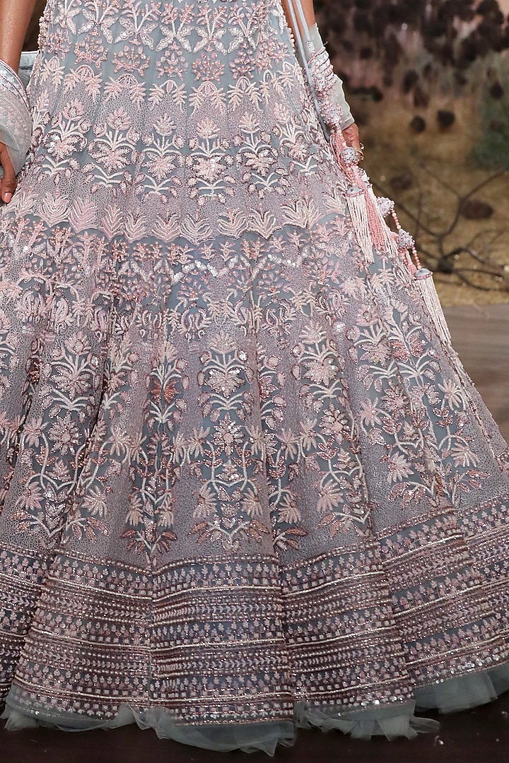Mint Blue & Baby Pink Hand Embroidered Bridal Bridal Lehenga Set by Mynah Designs By Reynu Tandon at Pernia's Pop Up Shop