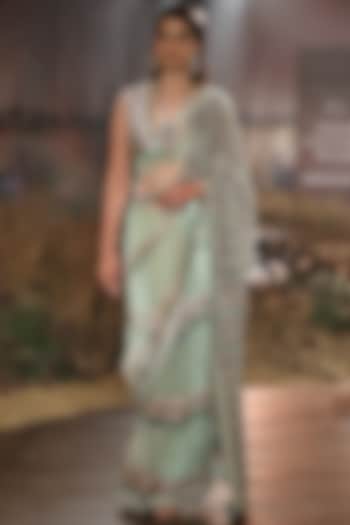 Faded Green Hand Embroidered Saree Set by Mynah Designs By Reynu Tandon