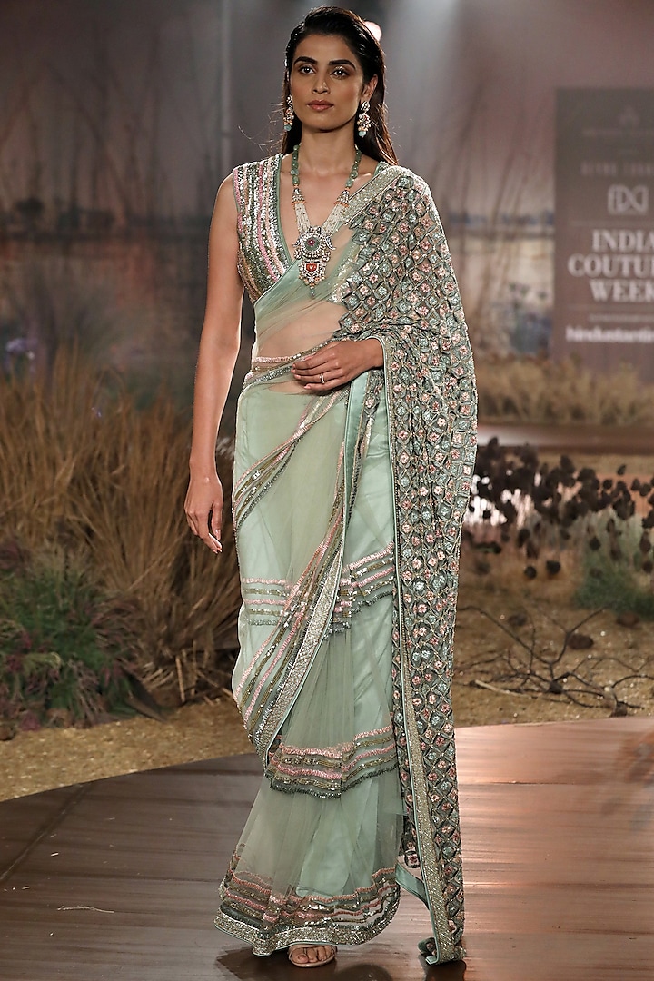 Faded Green Hand Embroidered Saree Set by Mynah Designs By Reynu Tandon