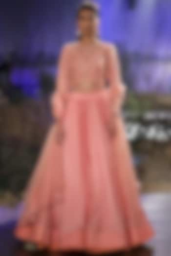 Dark Peach Chanderi Silk Lehenga Set by Mynah Designs By Reynu Tandon at Pernia's Pop Up Shop