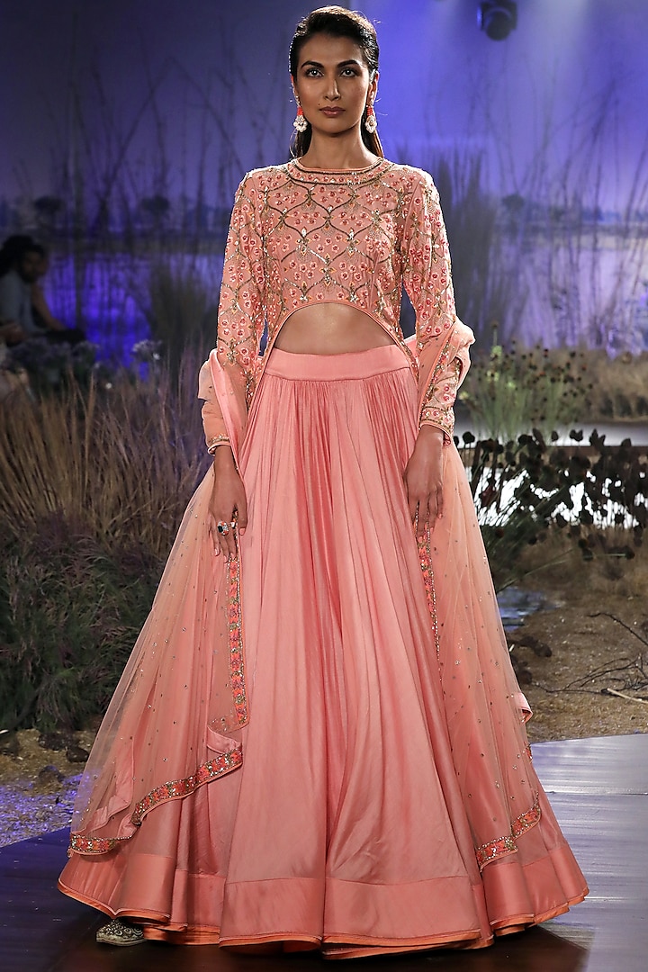 Dark Peach Chanderi Silk Lehenga Set by Mynah Designs By Reynu Tandon at Pernia's Pop Up Shop