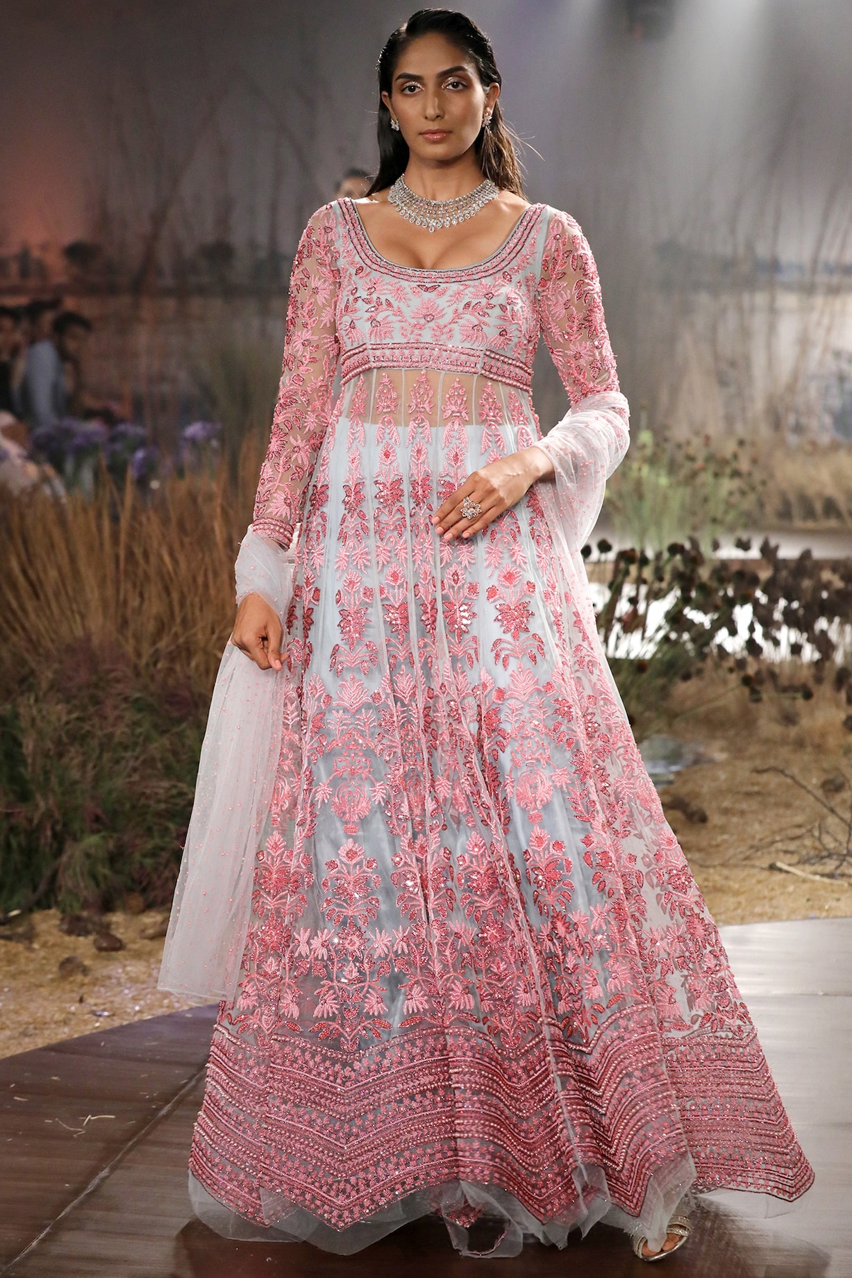 Baby Pink Mint Blue Hand Embroidered Bridal Anarkali Set by Mynah Designs  By Reynu Tandon at Pernia's Pop Up Shop