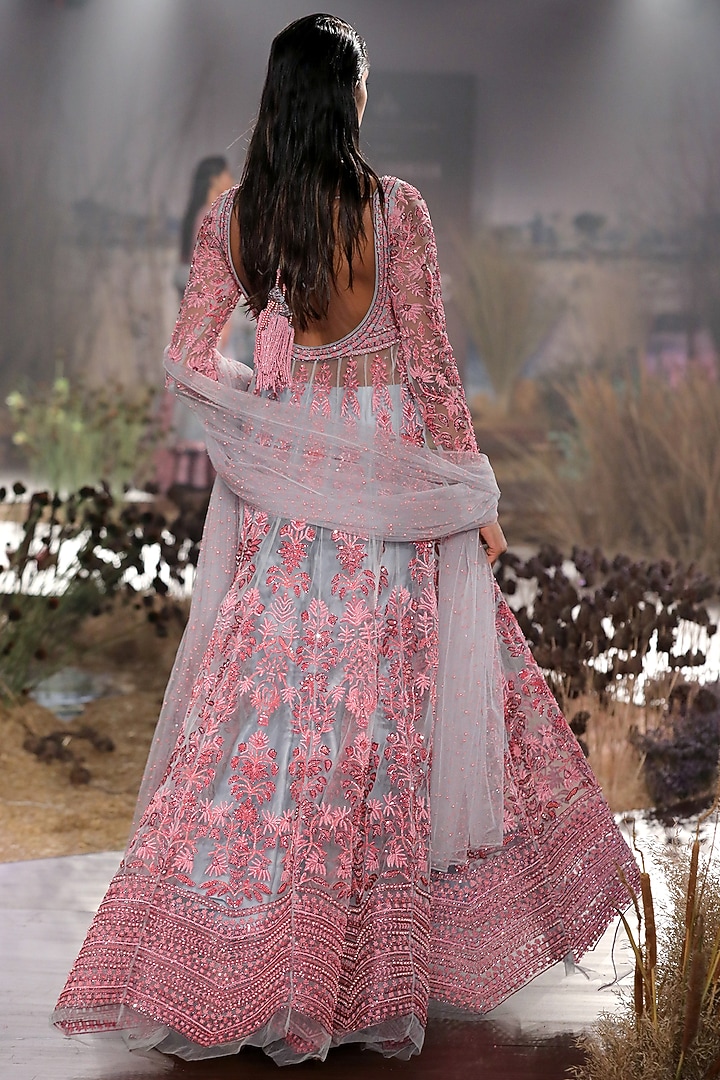 Baby Pink Mint Blue Hand Embroidered Bridal Anarkali Set by Mynah Designs  By Reynu Tandon at Pernia's Pop Up Shop