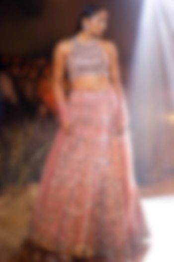 Onion Pink Hand Embroidered Bridal Bridal Lehenga Set by Mynah Designs By Reynu Tandon at Pernia's Pop Up Shop