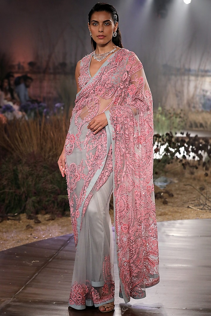 Baby Pink & Mint Hand Embroidered Saree Set by Mynah Designs By Reynu Tandon