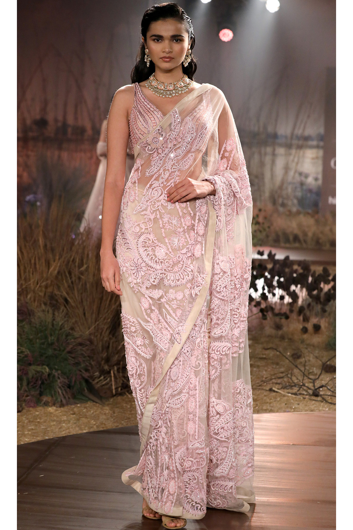 Blush Pink Net & Chanderi Bridal Saree Set by Mynah Designs By Reynu Tandon at Pernia's Pop Up Shop