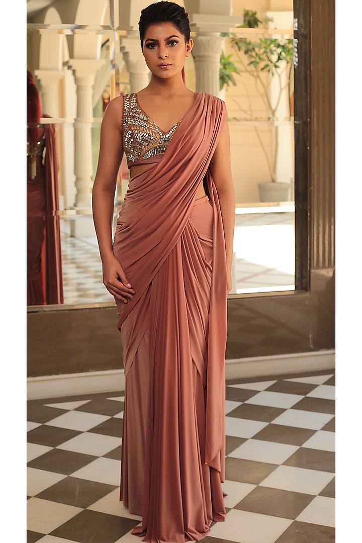 Onion Pink Lycra Draped Saree Set by Mynah Designs By Reynu Tandon at Pernia's Pop Up Shop