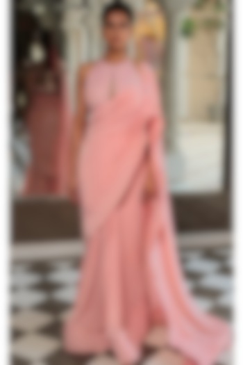 Light Pink Lycra Draped Saree Set by Mynah Designs By Reynu Tandon