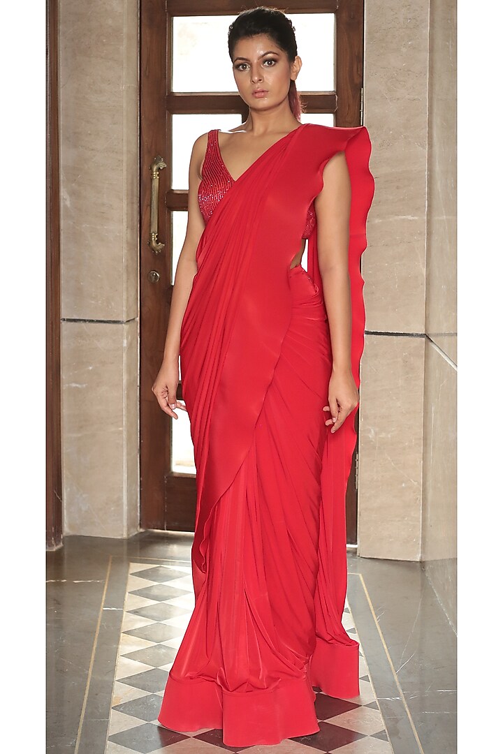 Red Draped Saree Set by Mynah Designs By Reynu Tandon