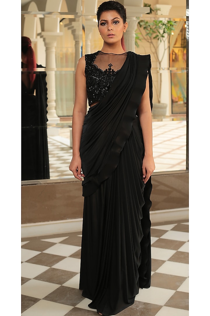 Black Draped Saree Set by Mynah Designs By Reynu Tandon