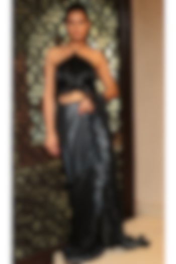 Black Georgette Ruffled Saree Set by Mynah Designs By Reynu Tandon