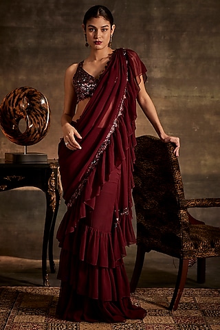 Wine Georgette Draped Saree Set by Mynah Designs By Reynu Tandon