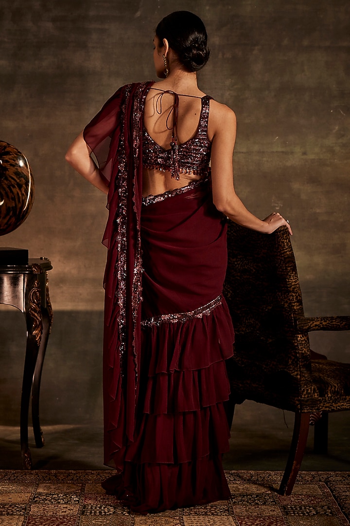 Wine Georgette Draped Reception Saree Set by Mynah Designs By Reynu Tandon at Pernia's Pop Up Shop
