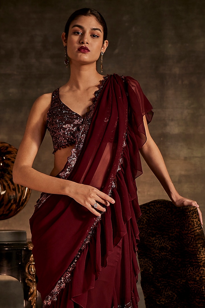 Wine Georgette Draped Reception Saree Set by Mynah Designs By Reynu Tandon at Pernia's Pop Up Shop
