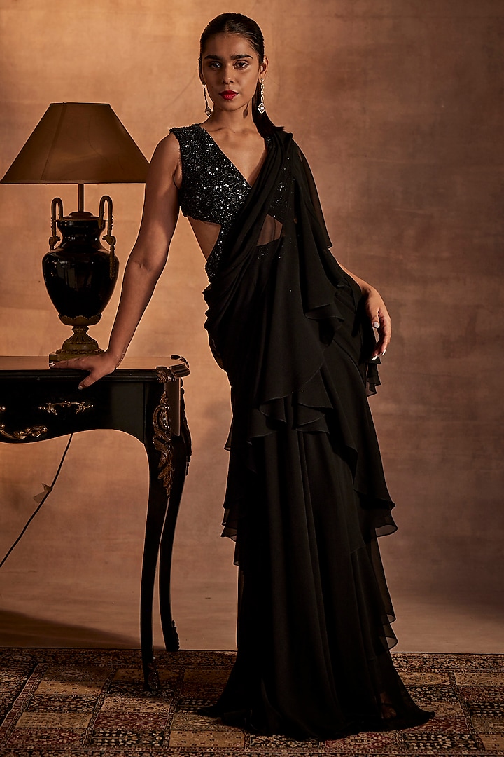 Black Georgette Draped Saree Set by Mynah Designs By Reynu Tandon
