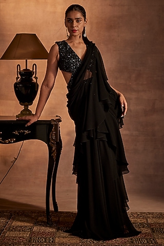 Black Georgette Draped Saree Set by Mynah Designs By Reynu Tandon