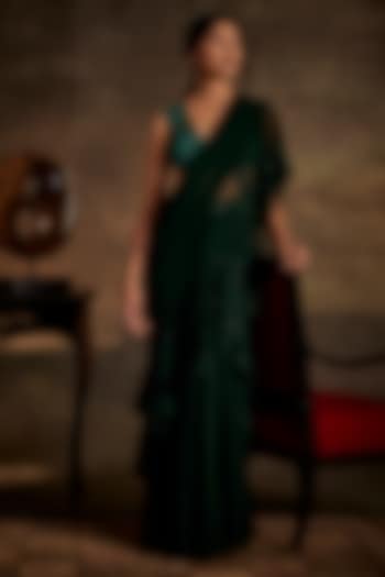 Green Georgette Draped Saree Set by Mynah Designs By Reynu Tandon at Pernia's Pop Up Shop