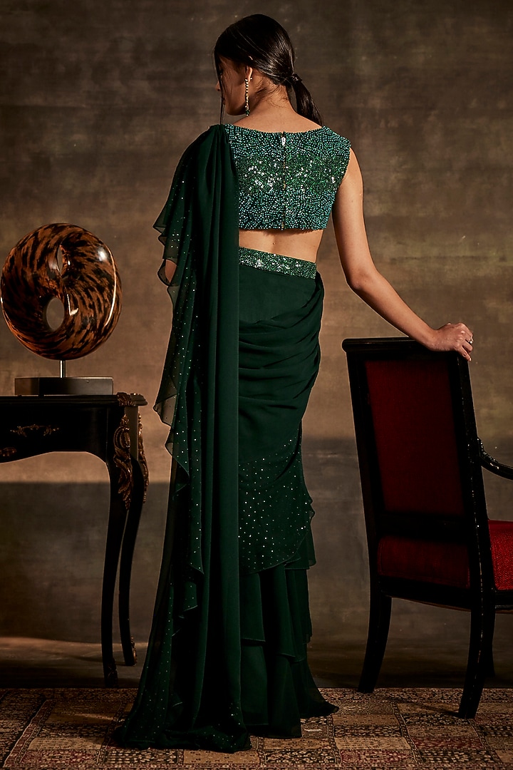 Green Georgette Draped Wedding Saree Set by Mynah Designs By Reynu Tandon at Pernia's Pop Up Shop