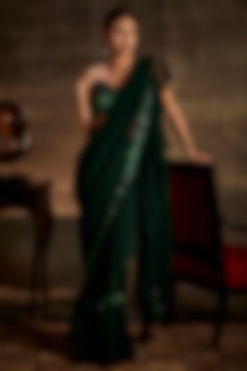 Green Georgette Draped Saree Set by Mynah Designs By Reynu Tandon