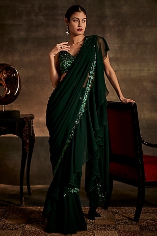 Green Georgette Draped Saree Set by Mynah Designs By Reynu Tandon