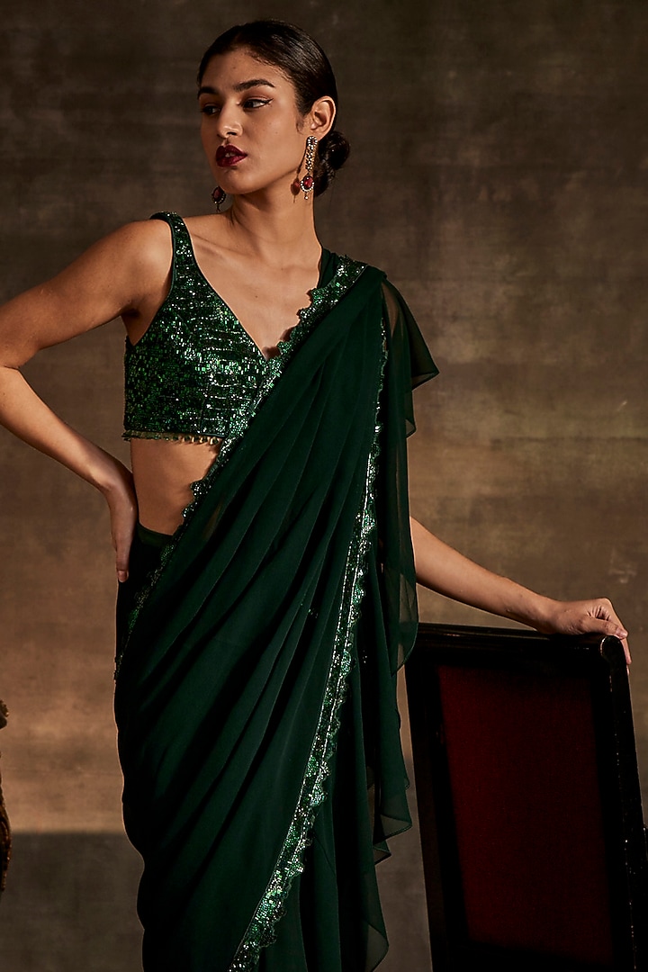 Green Georgette Draped Reception Saree Set by Mynah Designs By Reynu Tandon at Pernia's Pop Up Shop
