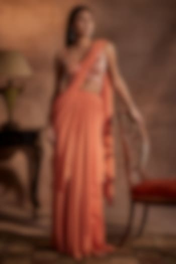 Peach Georgette Draped Saree Set by Mynah Designs By Reynu Tandon