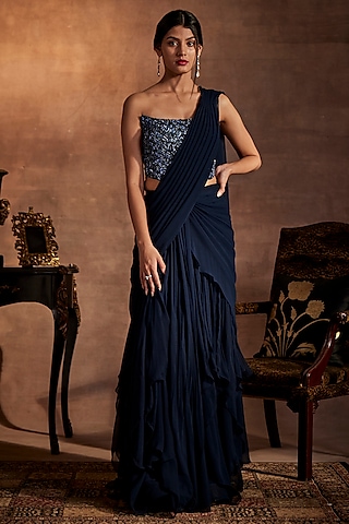 Navy Blue Satin Georgette Draped Saree Set by Mynah Designs By Reynu Tandon