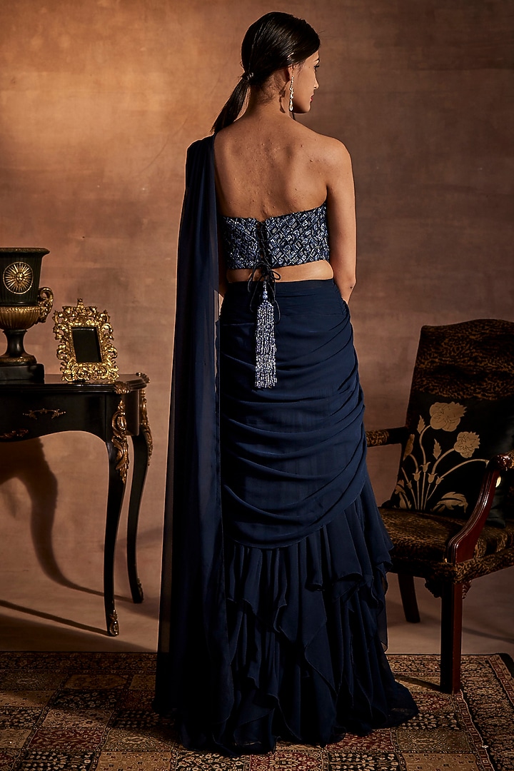 Navy Blue Satin Georgette Draped Wedding Saree Set by Mynah Designs By Reynu Tandon at Pernia's Pop Up Shop