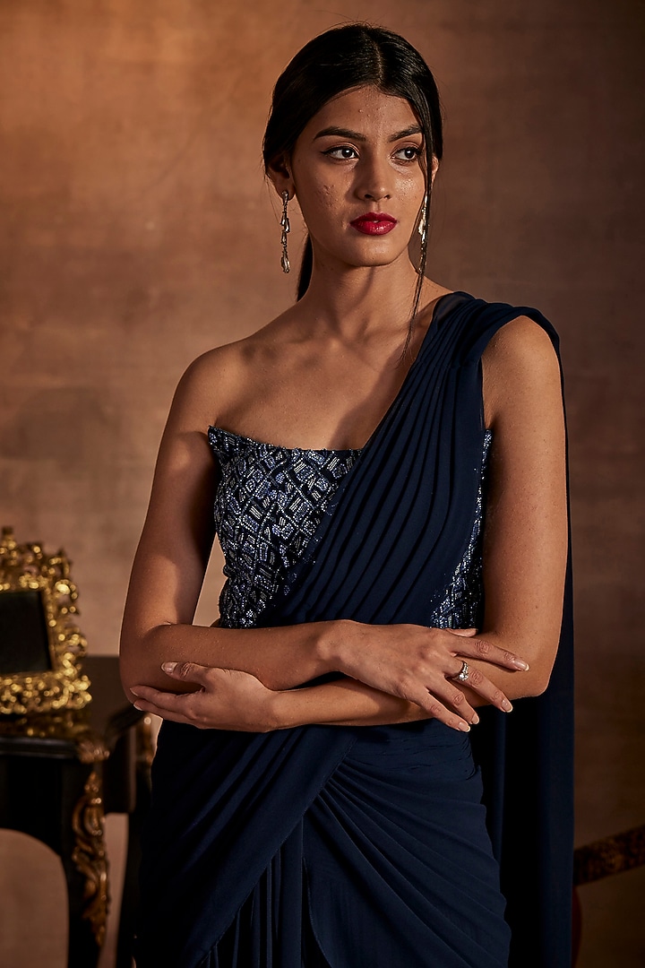 Navy Blue Satin Georgette Draped Wedding Saree Set by Mynah Designs By Reynu Tandon at Pernia's Pop Up Shop