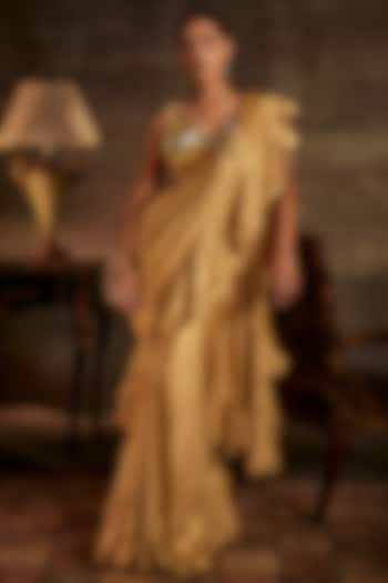 Gold Satin Lamia Draped Saree Set by Mynah Designs By Reynu Tandon