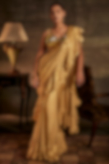 Gold Satin Lamia Draped Saree Set by Mynah Designs By Reynu Tandon