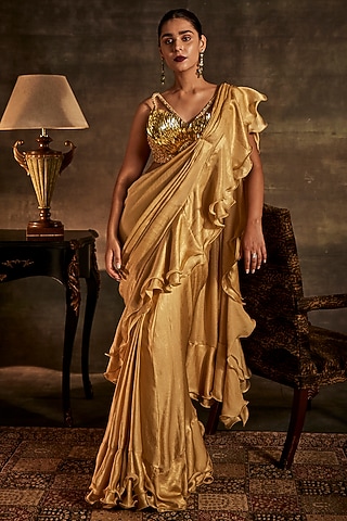 Gold Satin Lamia Draped Saree Set by Mynah Designs By Reynu Tandon