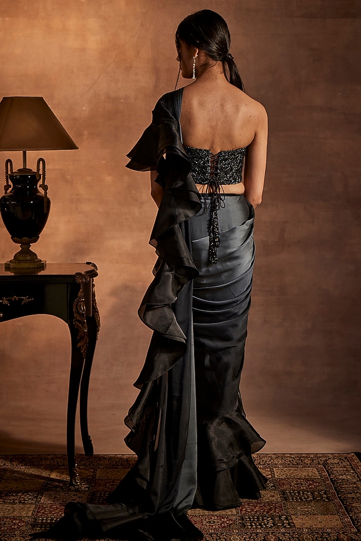 Black & Grey Georgette Draped Reception Saree Set by Mynah Designs By Reynu Tandon at Pernia's Pop Up Shop