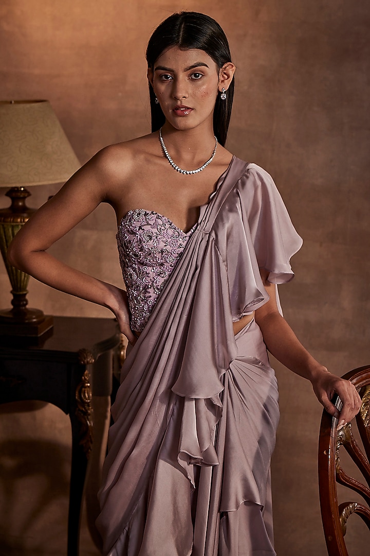 Lilac Shimmer Draped Reception Saree Set by Mynah Designs By Reynu Tandon at Pernia's Pop Up Shop