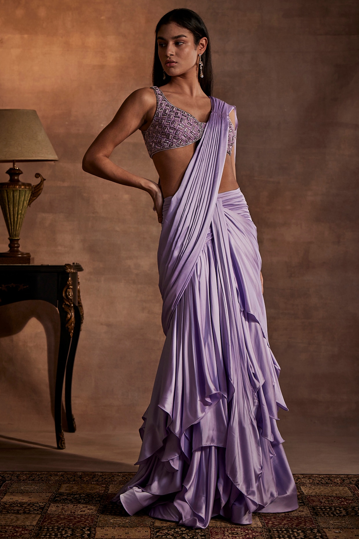 A Beautiful Bride in Bluish purple Banarasi saree with Blouse | Purple saree,  Embroidered blouse designs, Bridal saree
