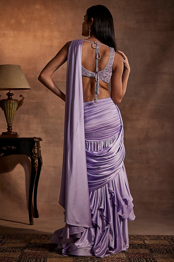 Lilac Shimmer Draped Reception Saree Set by Mynah Designs By Reynu Tandon at Pernia's Pop Up Shop