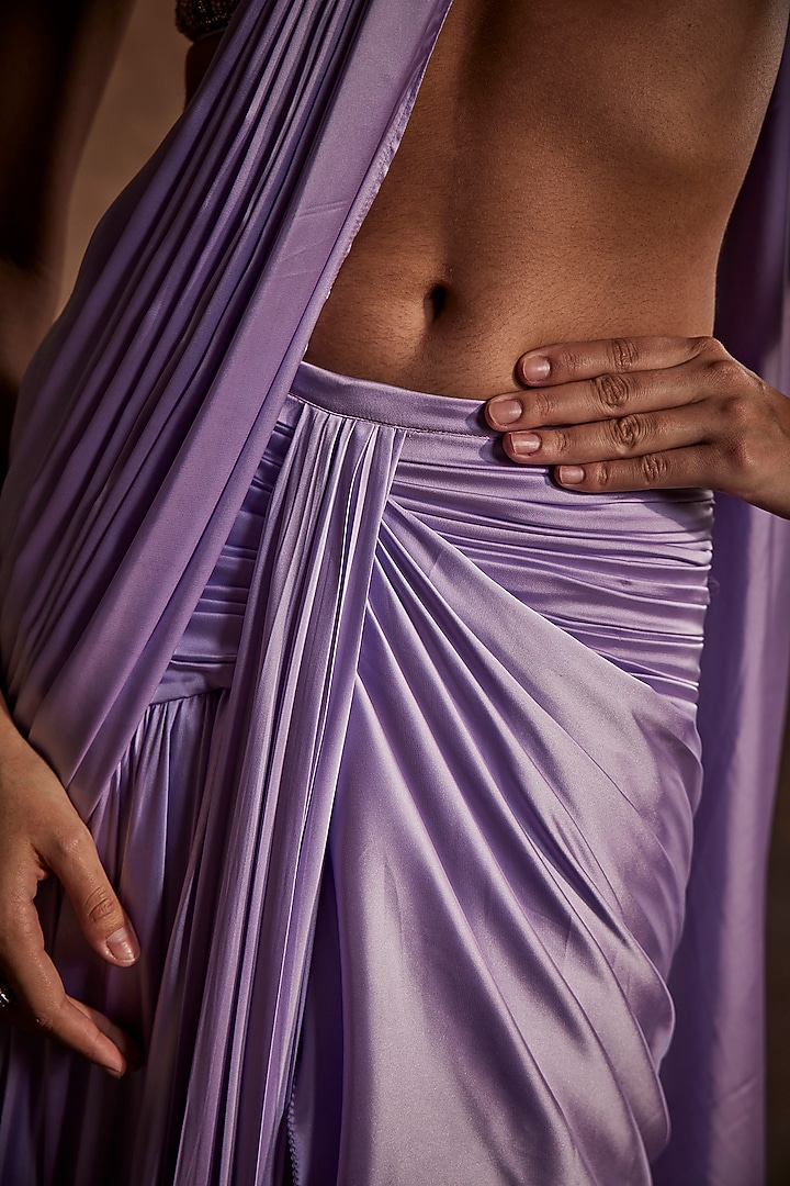 Lilac Shimmer Draped Reception Saree Set by Mynah Designs By Reynu Tandon at Pernia's Pop Up Shop