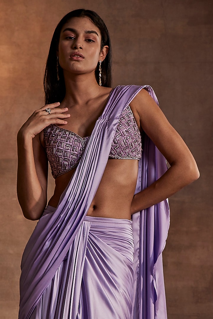 Lilac Shimmer Draped Reception Saree Set by Mynah Designs By Reynu Tandon at Pernia's Pop Up Shop