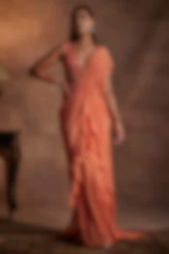 Orange Georgette Draped Saree Set by Mynah Designs By Reynu Tandon