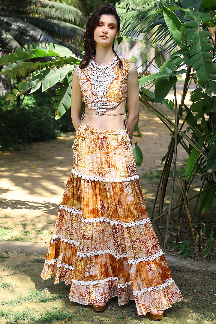 Brown & Peach Printed & Embroidered Cropped Top by Mynah Designs By Reynu Tandon