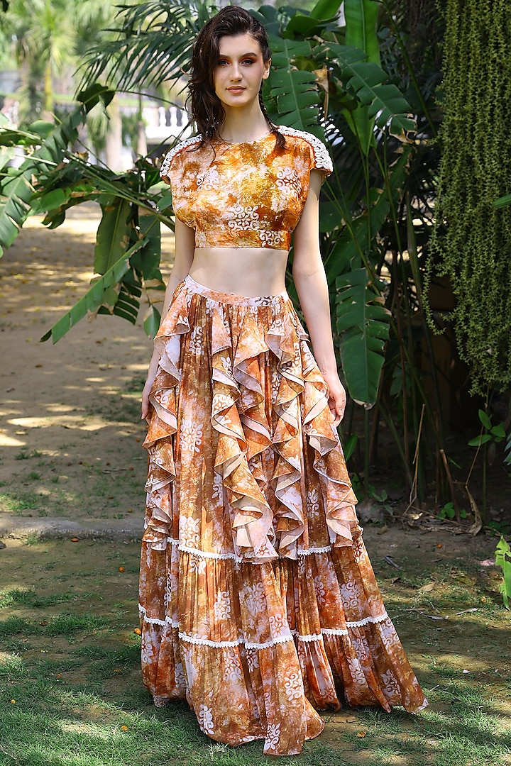 Brown & Peach Embroidered Tie-Dyed Cropped Top by Mynah Designs By Reynu Tandon