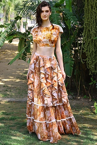 Brown & Peach Embroidered Tie-Dyed Cropped Top by Mynah Designs By Reynu Tandon
