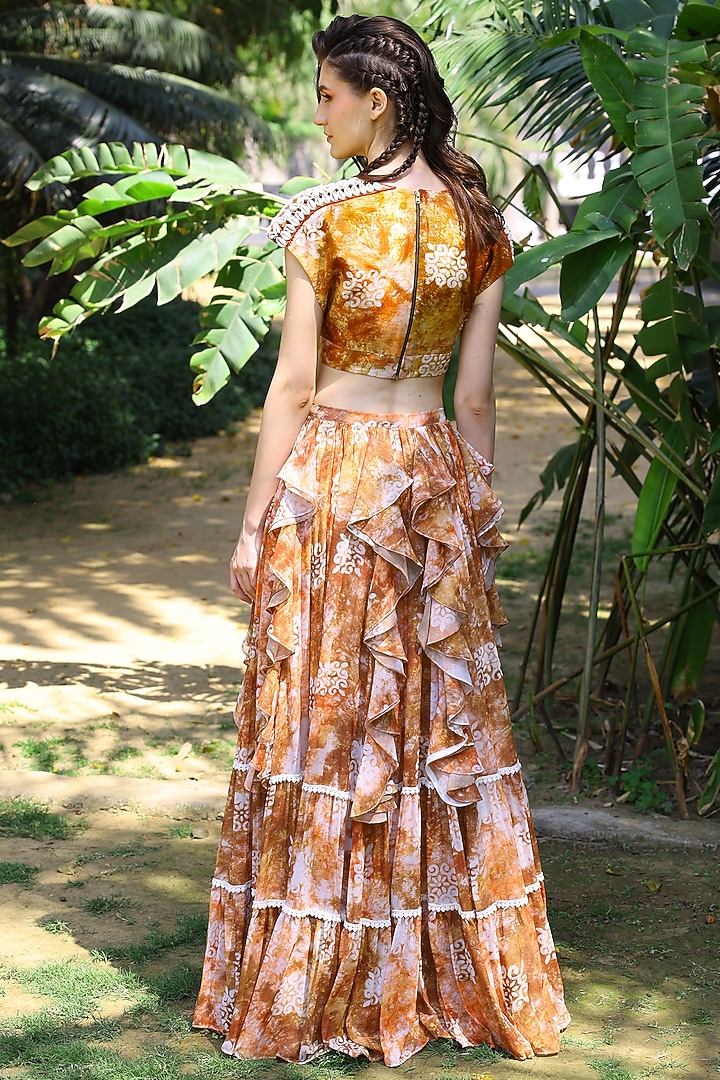 Brown & Peach Embroidered Tie-Dyed Cropped Top by Mynah Designs By Reynu Tandon at Pernia's Pop Up Shop