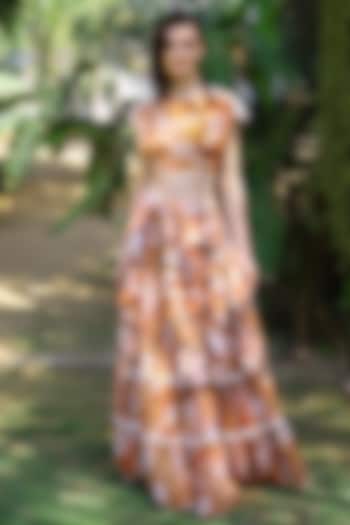 Brown & Peach Tie-Dyed A-Line Layered Skirt by Mynah Designs By Reynu Tandon