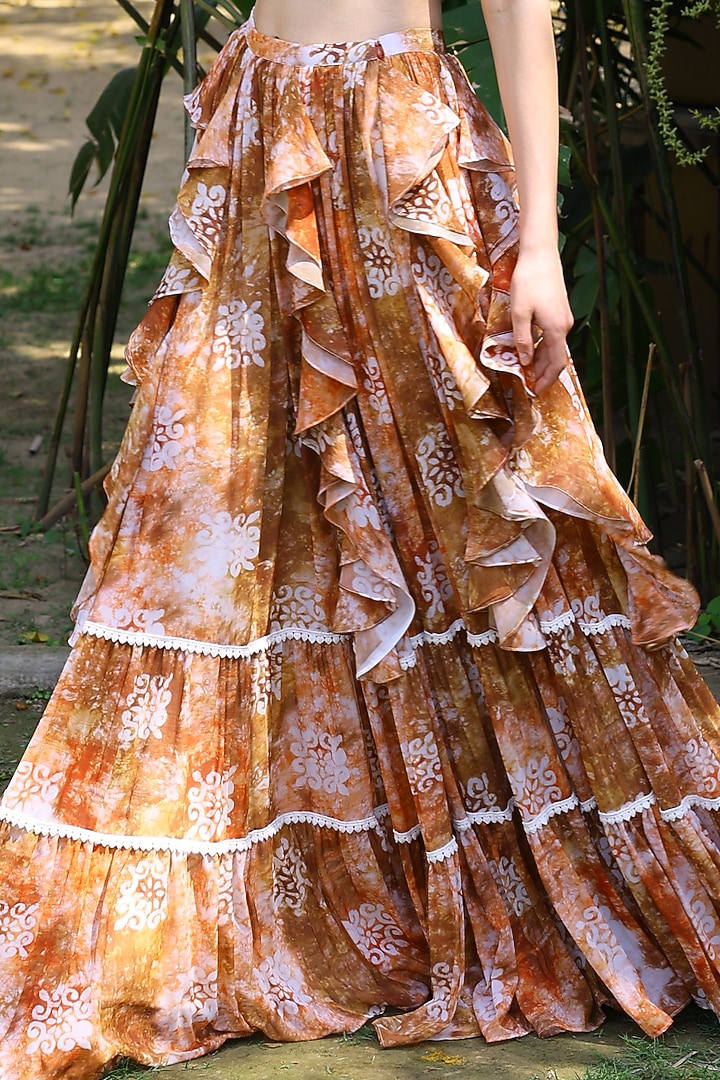 Brown & Peach Georgette Tie-Dyed A-Line Layered Skirt by Mynah Designs By Reynu Tandon at Pernia's Pop Up Shop
